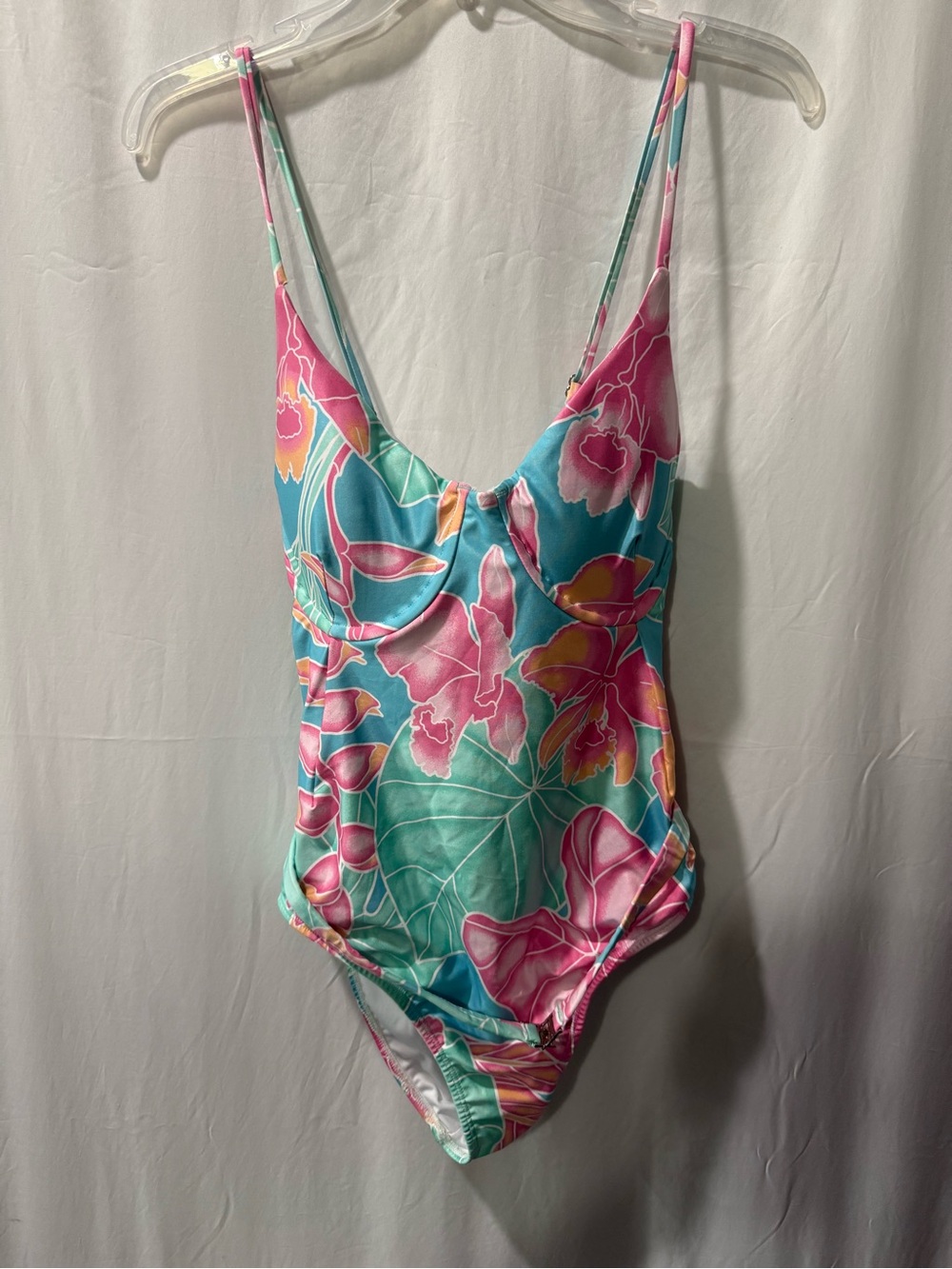 Tropical Floral One-Piece Swimsuit in Aqua and Pink